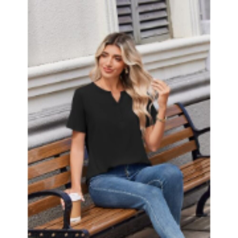 Polyester Spandex Short Sleeve Henley Neck Blouse Casual Dressy Top - Picture 5 of 7